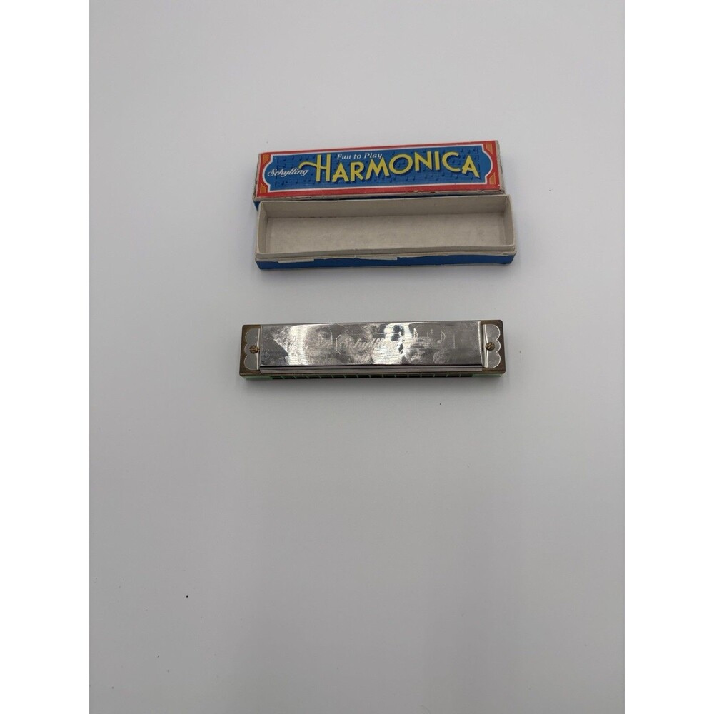 Schylling Harmonica 16 Hole Play Collect Silver Metal Green Plastic Original box